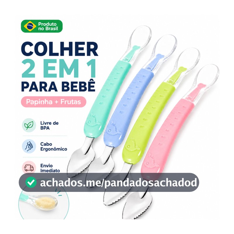 Colher Bebê 2 em 1 Raspa Fruta Silicone Inox Papinha BLW Introdução Alimentar Atóxica Maternidade 6m