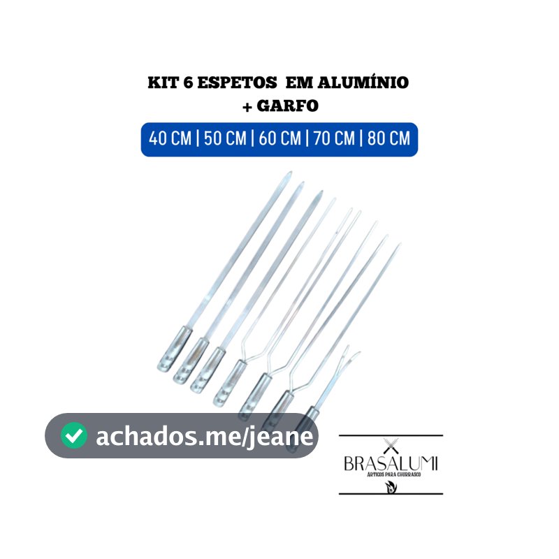 Kit 6 Espetos de aluminio 70 cm Lamina ( 3 Duplo 3 Chato) + Garfo para churrasco