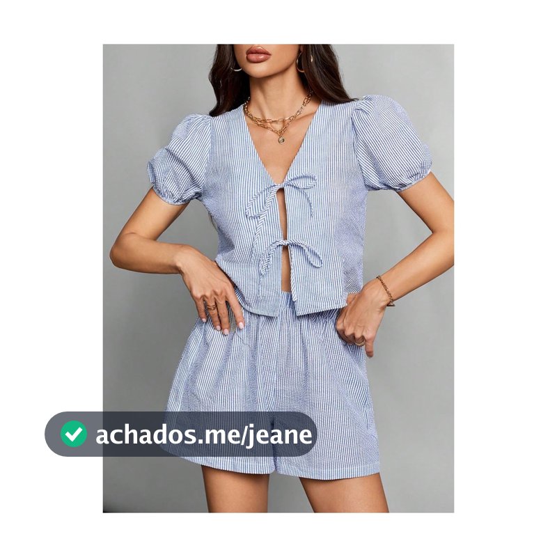 Conjunto Feminina Blusa Listrado De Shorts Casuais Com Nó De Gravata Frente - QUALY