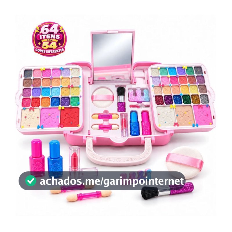 Kit Maleta de Maquiagem Infantil 64 Itens 54 Cores Com Espelho Kit de Beleza Brinquedo Presente 3+ Completo Lavável