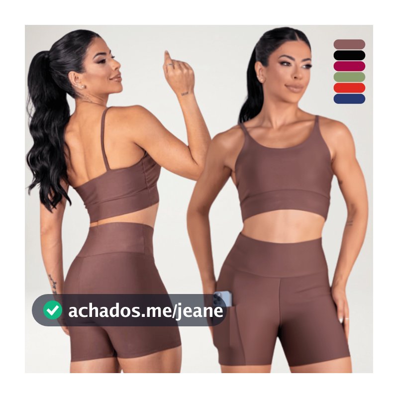 Conjunto Fitness Feminino Top Alça e Short Com Bolso Cintura Alta Treino Academia