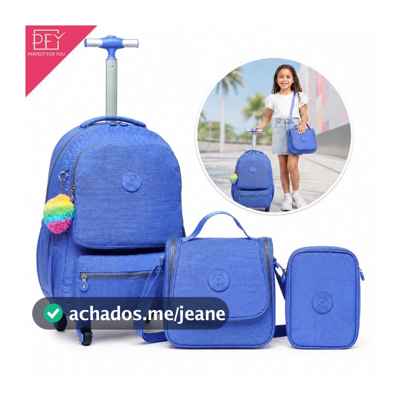 Perfect For You Kit Mochila Infantil Rodinhas 3 em 1 com Lancheira e Estojo Vara Retrátil Reforçada