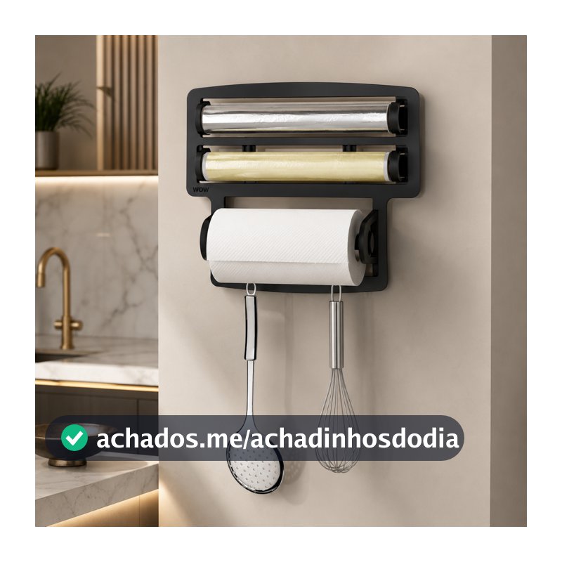 Porta Papel Toalha Triplo Suporte Preto Rolos Para Cozinha 3 em 1