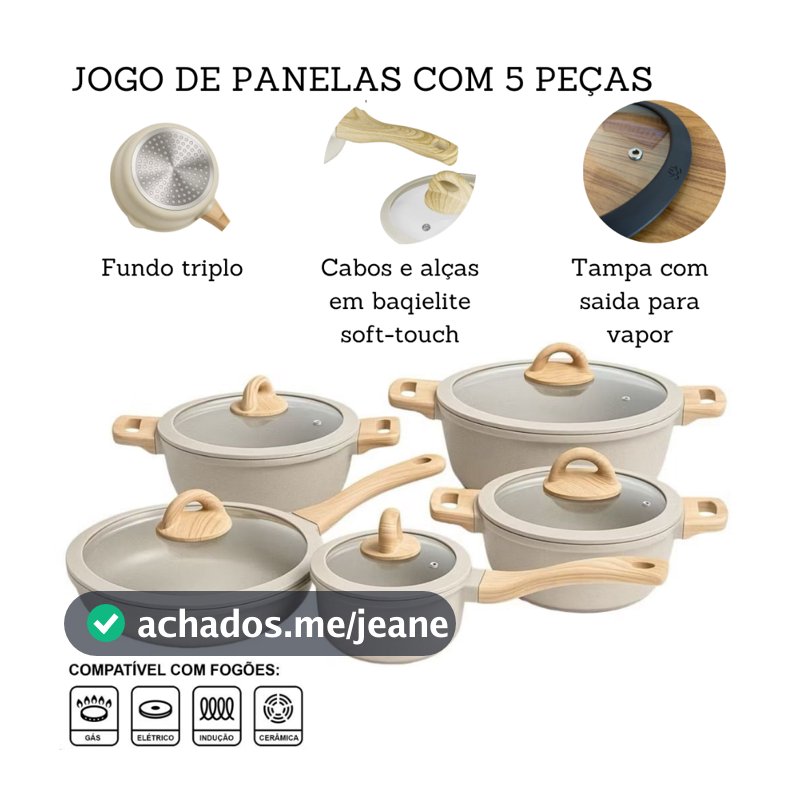 Jogo De Panelas 5 Peças Antiaderente Indução Gás Conjunto Revestido Cerâmica Granito Caçarola Frigideira