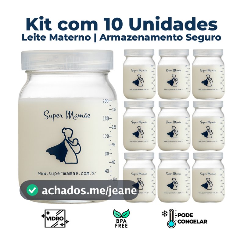 Kit com 10 Potes de Vidro para Armazenar Leite Materno 200ml Com Graduação
