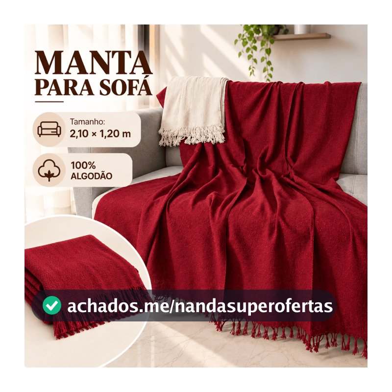 Manta Para Sofá 2,10x1,20m 100% Algodão Decorativa Protetora com Franjas Macia e Confortável