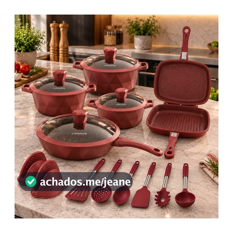 Jogo de Panelas London Grill 17 peças Cerâmica Antiaderente Kit Completo com Tampa Luxuoso Lançamento