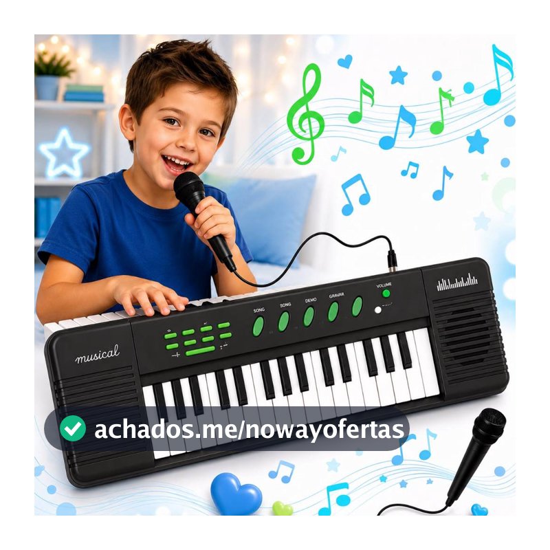 Piano Teclado Musical Infantil Microfone Educativo Karaoke Cor Preto