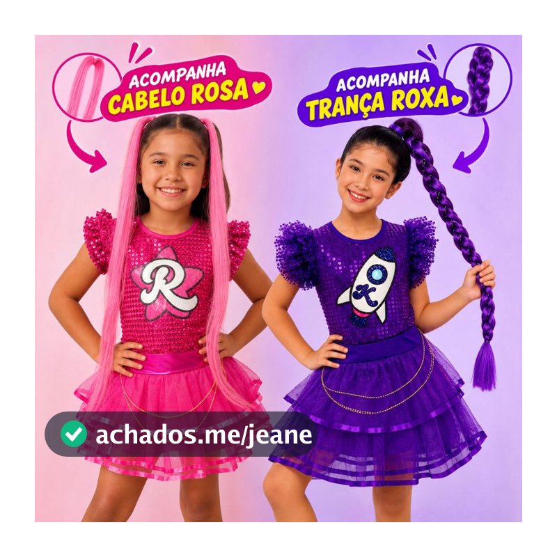 Fantasia Emilly Vick Ketlen Pink Roxa Com Cabelo Youtuber Infantil Conjunto Saia Blusa