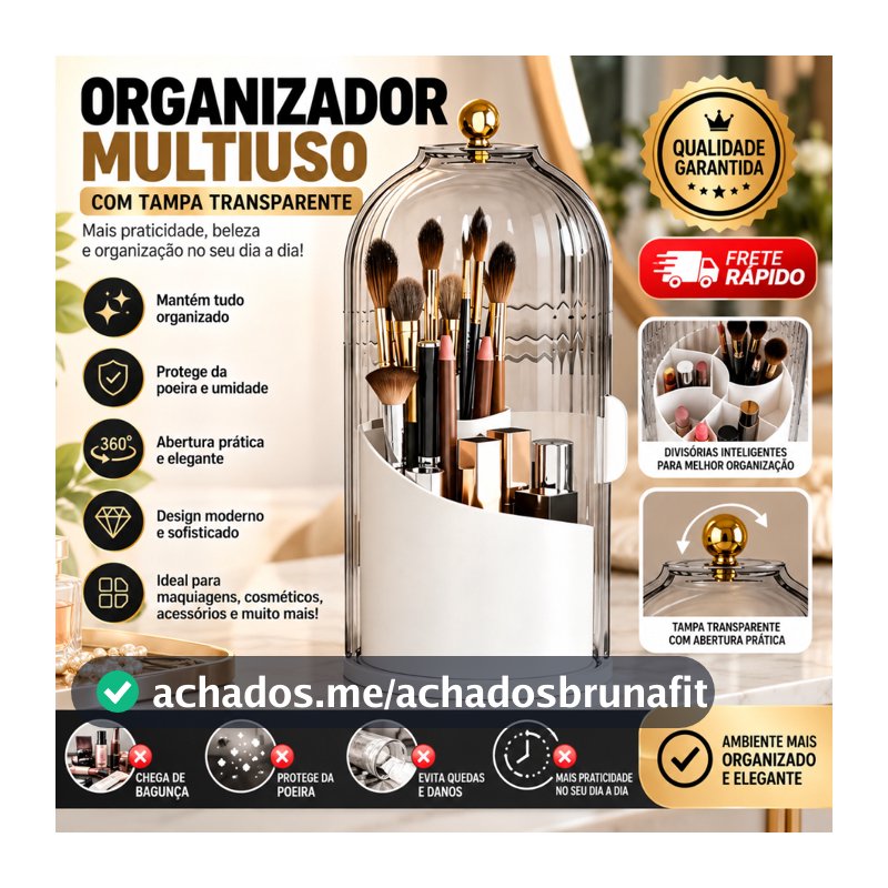 Organizador de Maquiagem Giratório 360° com Tampa Acrílica Porta Pincéis Batons e Cosméticos