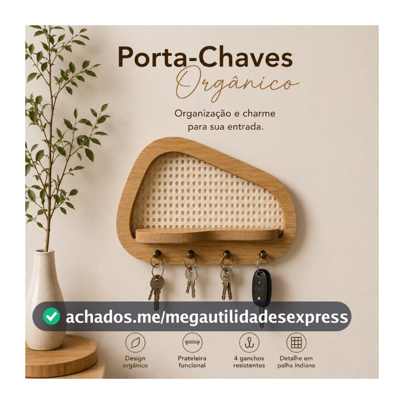 Porta Chaves Orgânico Decorativo com Prateleira e Palha Indiana
