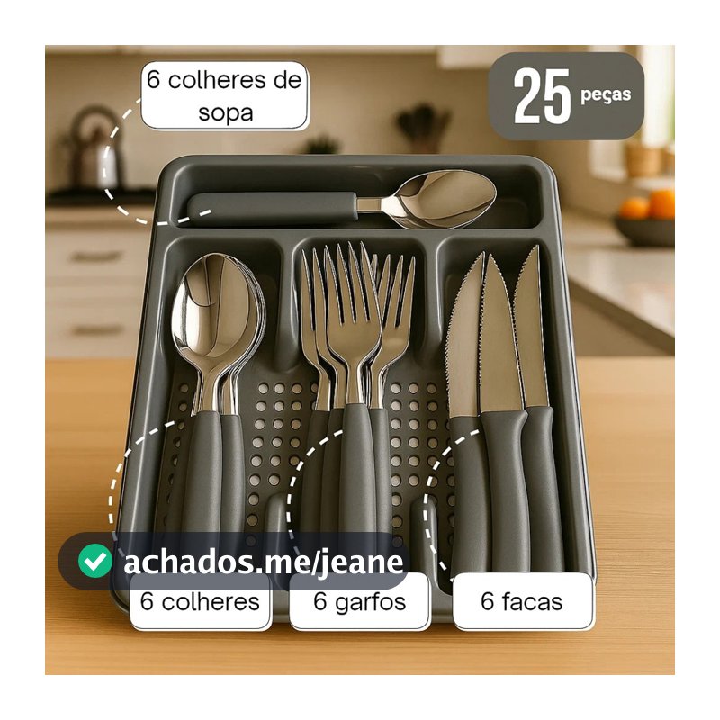 Kit Jogo de Talheres Inox 24 Pecas Com Brinde Suporte Gaveteiro Premium Brinde Talher Sortido