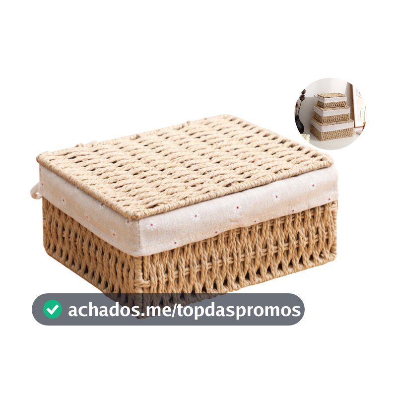 Cesto Caixa Decorativa Fibra Natural Forro De Algodão Tampa Multiuso Decoração Ambiente Escritório