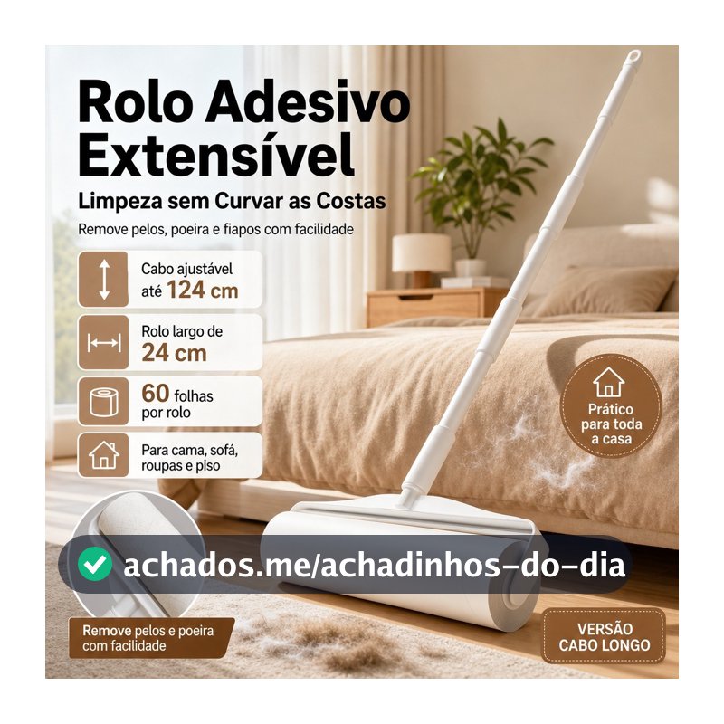 Rolo Adesivo Tira Pelos Lavável Cabo Telescópico 124cm Extensível Grande Limpeza de Chão Tapete Sofa