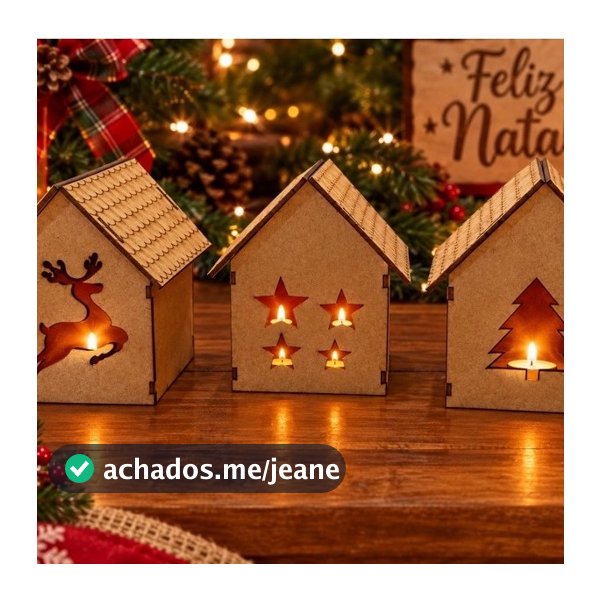 Trio Casinha de Natal em MDF Cru Porta Vela com Luz LED Decoração Natalina Presépio Enfeite Mesa
