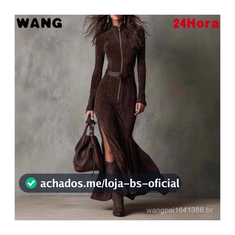 Vestido Longo Elegante de Cor Sólida com Zíper e Gola Alta para Mulheres