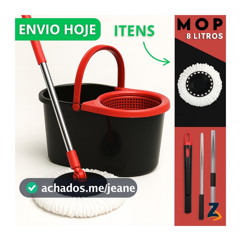 Mop Giratório Cabo Grande de 120 cm 8 Litros Cesto Em Plástico e Inox - Balde Centrífuga Preto