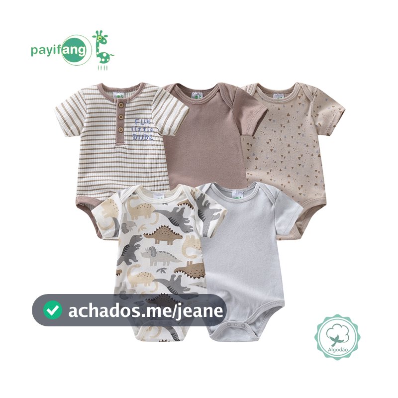 Conjunto 5 peças de macacões de manga curta para bebê menino, estilos variados 60% Algodão, 40% Poliéster
