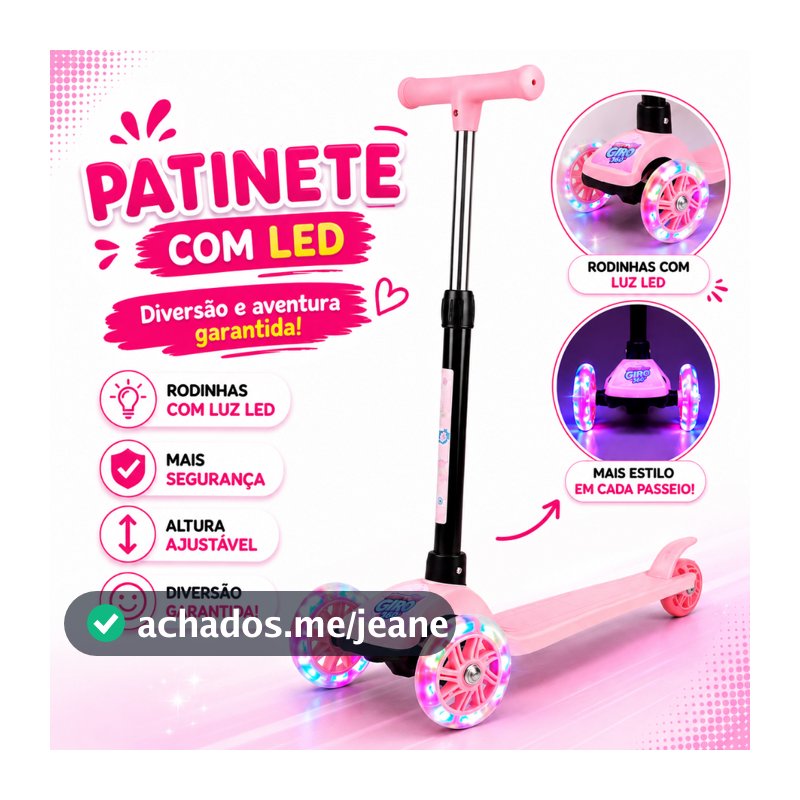 Patinete Dobrável Rosa Infantil Com 3 Rodas Led - Castela