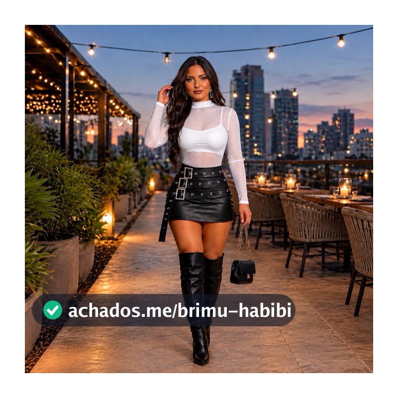 Conjunto Saia Couro Com Fivelas + Body Tule Transparente