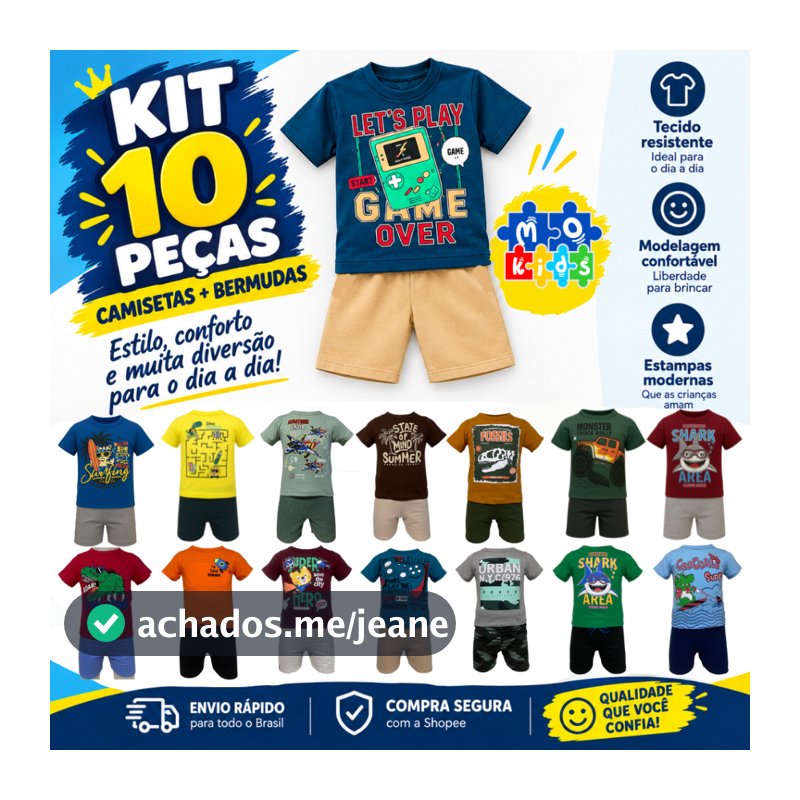 Kit 10 Peças Infantil Menino com Bermuda e Camiseta Dia a Dia Alta Qualidade Algodão
