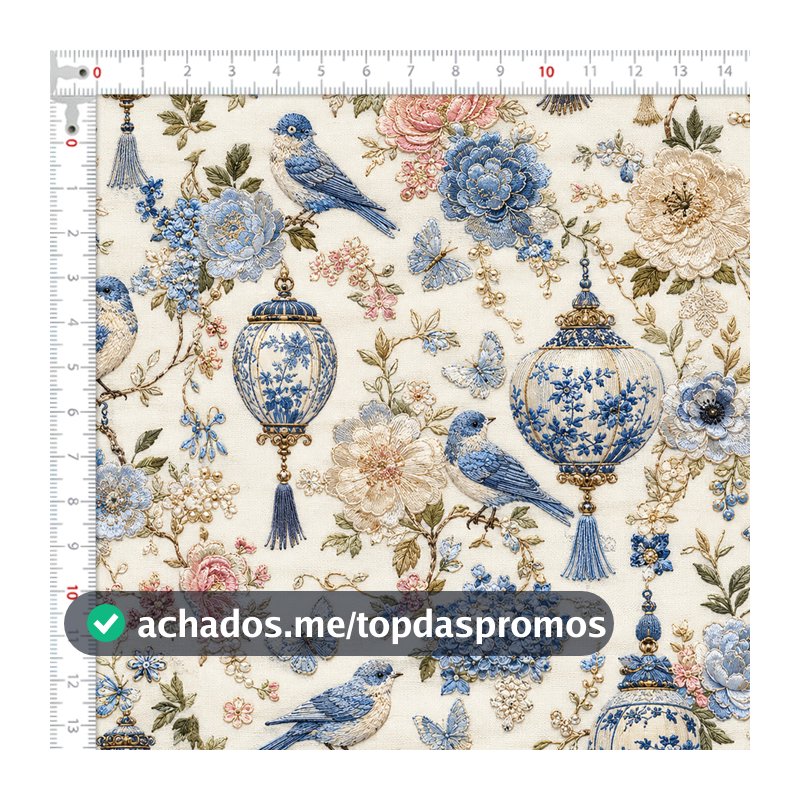 Tecido Sarja Impermeável Estampada Pássaros e Porcelanas Azul Algodão Pano Bolsa Decoração