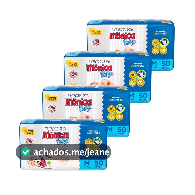Fralda Descartável Turma da Mônica Tamanho M - 4 Pacotes com 50 Fraldas - Total 200 Tiras