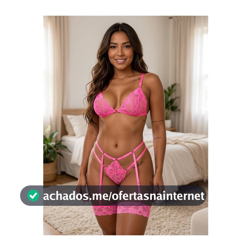 Conjunto Feminino Gladiadora em Renda com Tiras e Cinta-Liga