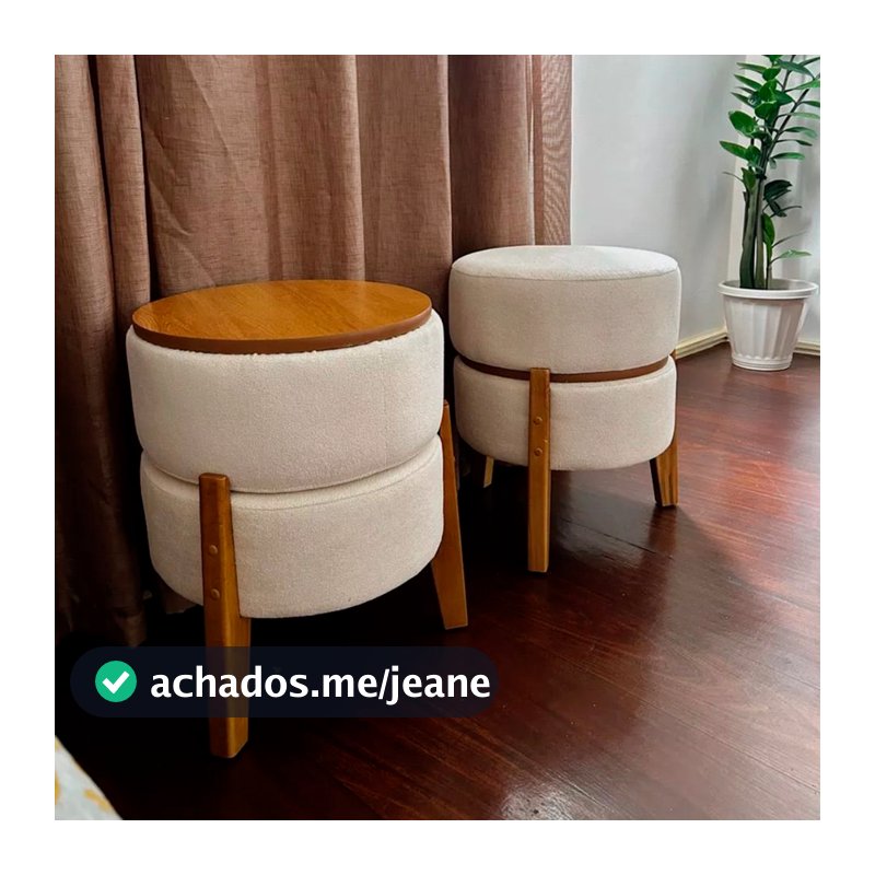 Pufe Puff Mesa Para Sala Decorativo Estofado Redondo Pés De Madeira Mesinha 2 Em 1 Tecido Boucle