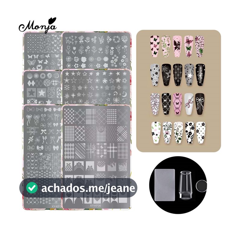 Modelos de Arte de Unhas Monja: Stencils Reutilizáveis, Placas de Estampagem, Estrelas, Lua, Borboleta, Flores, Laço,