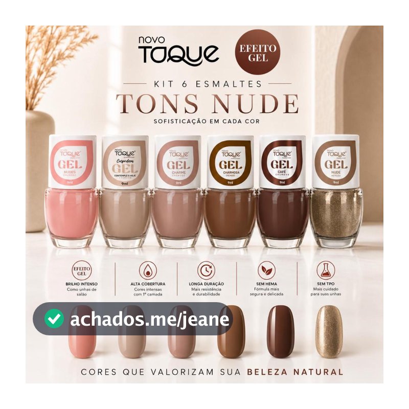 Esmalte Efeito Gel Novo Toque Kit 6 Cores Tons Nude Seca Sem Cabine Manicure Pedicure Lançamento