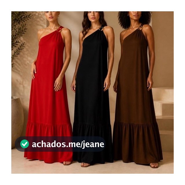 Vestido Longo Ombro Único Feminino Elegante - Caimento Fluido com Detalhe Dourado e Barra Franzida