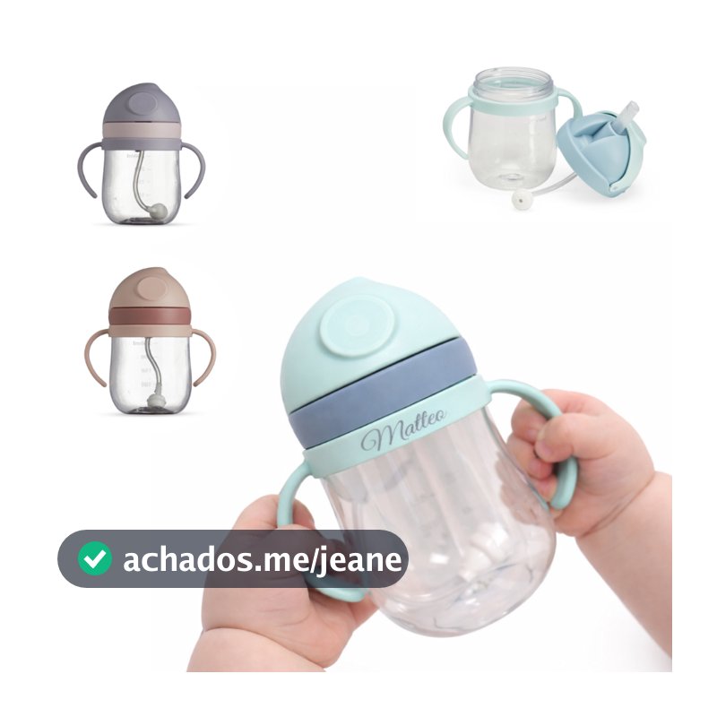 Copo de Transição Infantil personalizado 350 ml pegador duplo tampa de proteção canudo de silicone