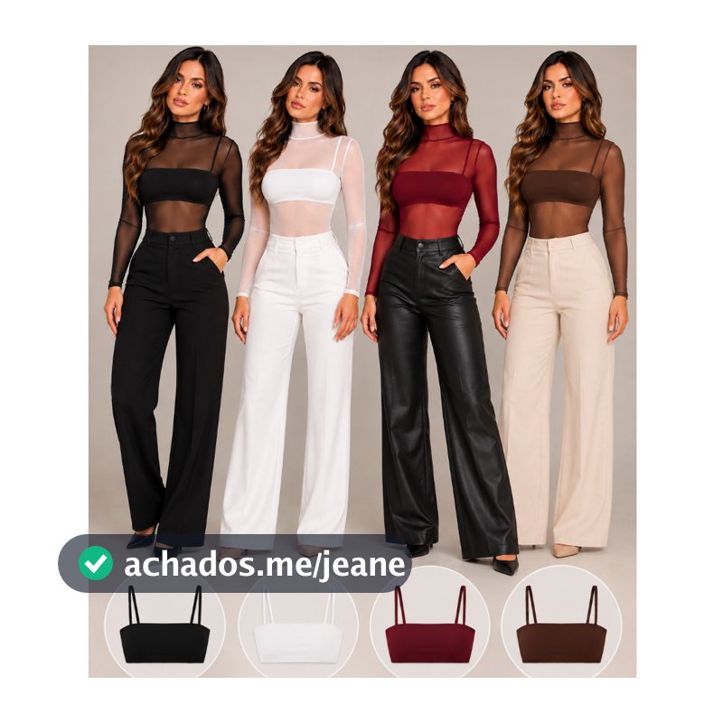 Body de Tule Transparente Manga Longa Gola Alta com Top Feminino