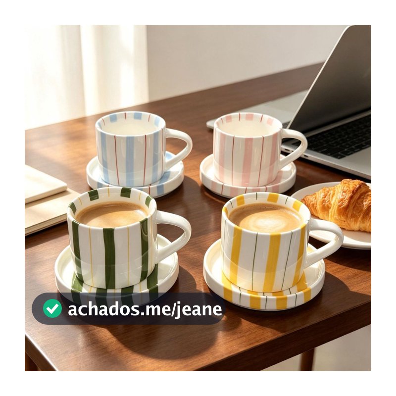 Conjunto Artístico De Canecas De Cerâmica Listradas Pintadas À Mão – Xícaras De Café Elegantes Para Casa E Escritório