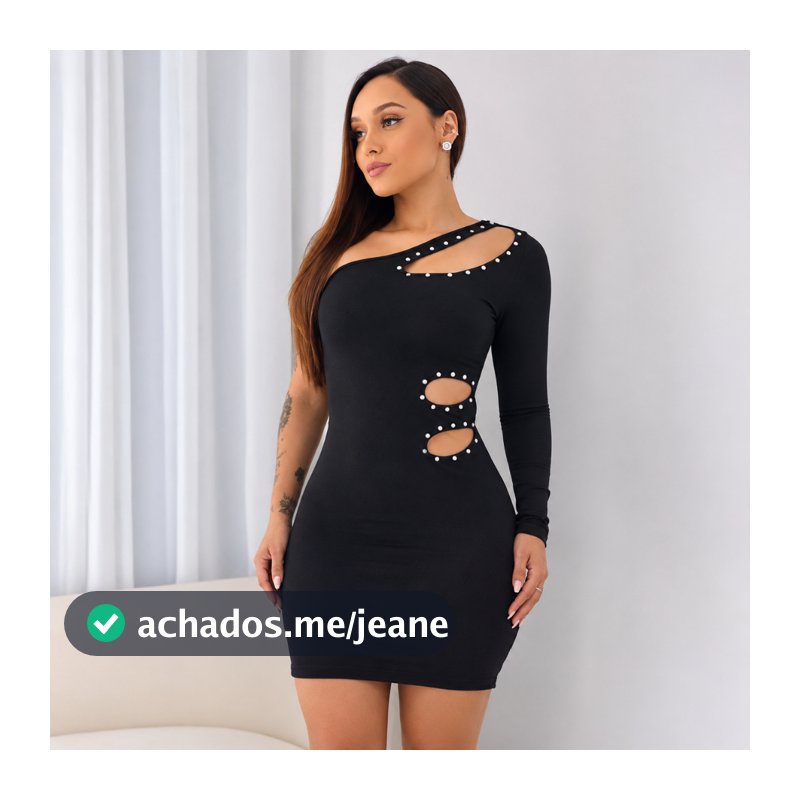 Vestido Feminino Curto com Bojo Manga Única Recorte Lateral Pedraria Suplex Festa Balada