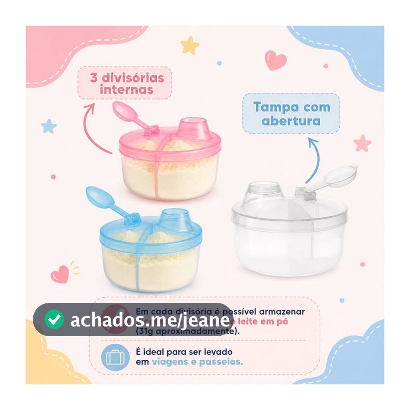 Porta Leite em Pó com 3 Divisórias – Prático, Higiênico e Ideal para Passeios, Porta Chocolate