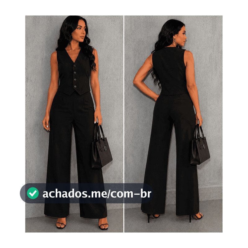 Conjunto Feminino Alfaiataria Blusa Colete e Calça Pantalona Social Elegante com Botão Moda Evangélica Outono Inverno