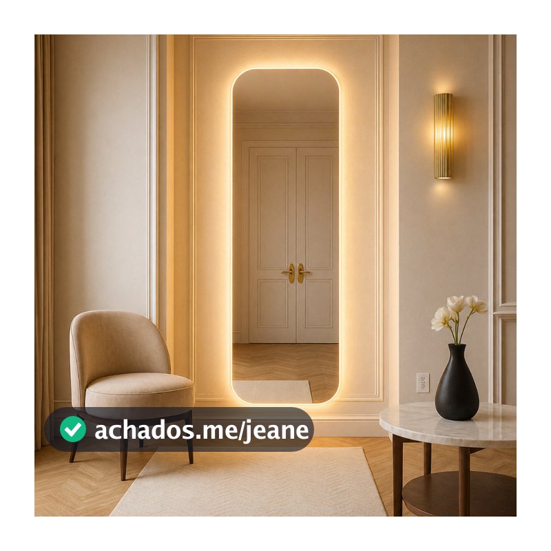 Espelho Corpo Inteiro Retrô 160x55cm com LED Amarelo Retangular Moldura Cantos Arredondados Sala Quarto Closet Escritóri