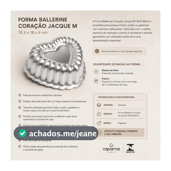 Forma Ballerine Coração Jacque M 18x6cm Bolo Brownie Pudim Caparroz Confeitaria Caseiro Venda Envio Turbo