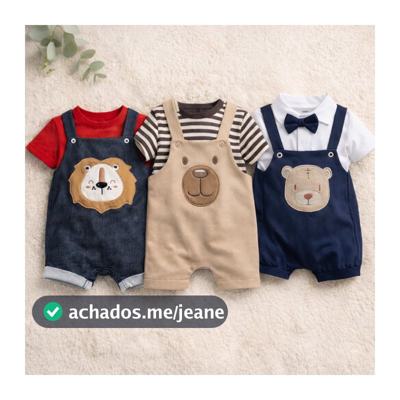 Kit com 3 peças de Jardineira Bebê Menino Manga Curta Verão Roupas de Bebês