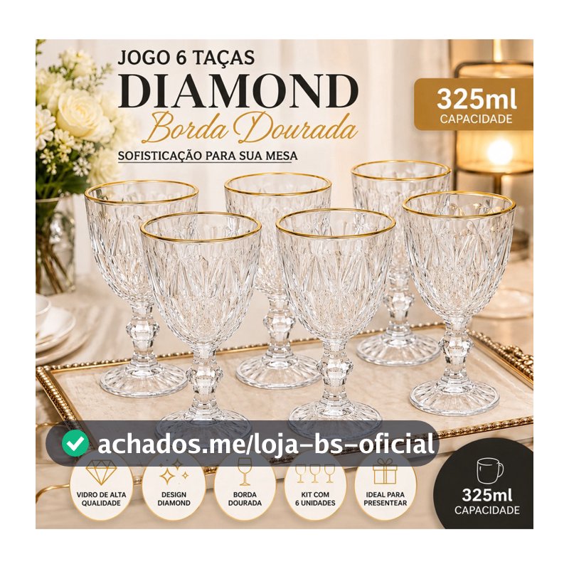 Jogo 6 Taças De Vidro 325ml Suco Vinho Água Diamond Qualidade 100%