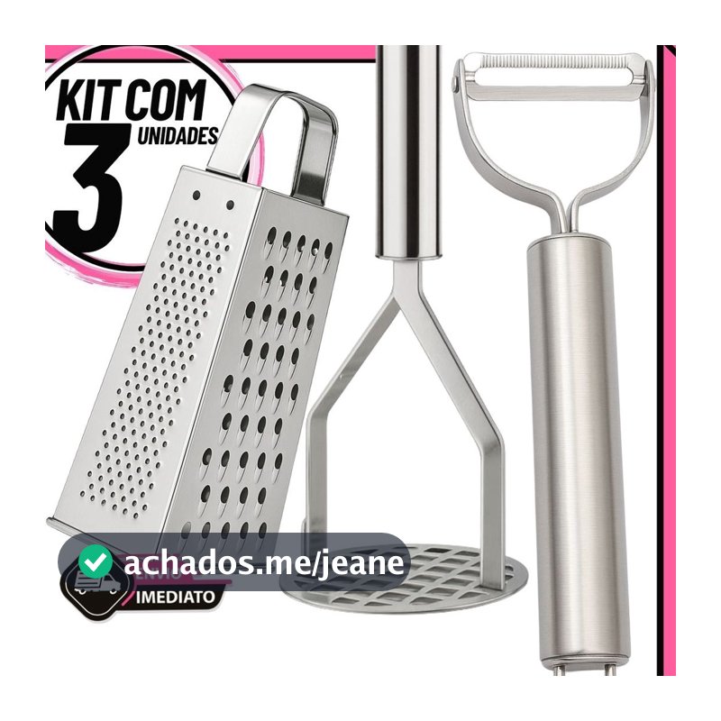 Kit 3 Utensílios de Cozinha Inox – Amassador de Batata + Descascador de Legumes + Ralador Multiuso