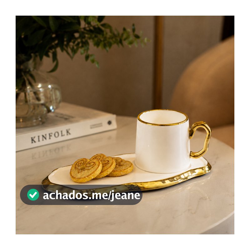 Kit 6 Xícara Orgânica Branca Borda Dourada 90ml + Pires Cerâmica 100% Artesanal Café Presente Decoração Cozinha