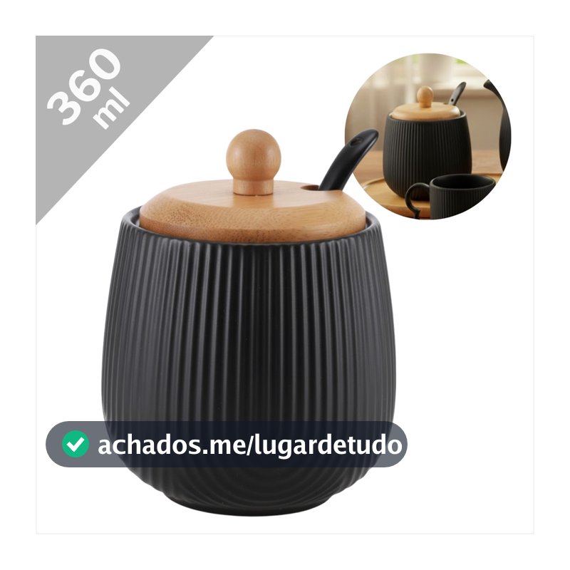 Porta Açúcar Açucareiro Cerâmica 360ml Tampa Bambu E Colher Pote Mantimento Café Linha Oásis Luxo