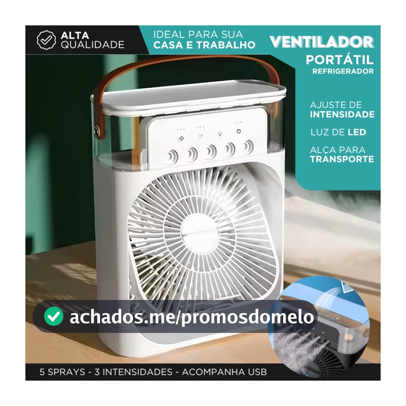 Mini Ar Condicionado USB com LED – Ventilador Portátil Com Alça | Resfria, Umidifica e Ilumina | Mz
