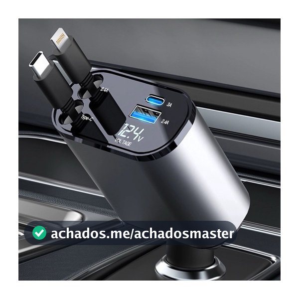 Carregador de carro retrátil, carregador rápido de para carro 4 em 1 para iPhone e Android
