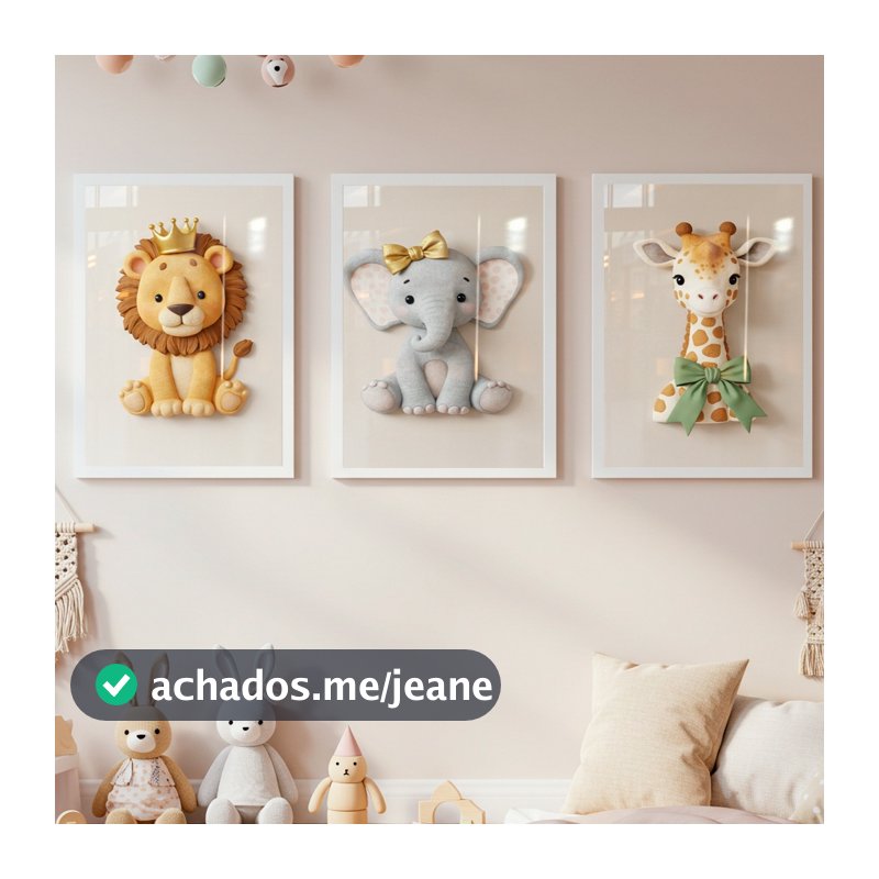 Kit 3 Peças Quadros Infantil Bebê Safari Elefantinho Leãozinho Girafinha Fofos Quarto