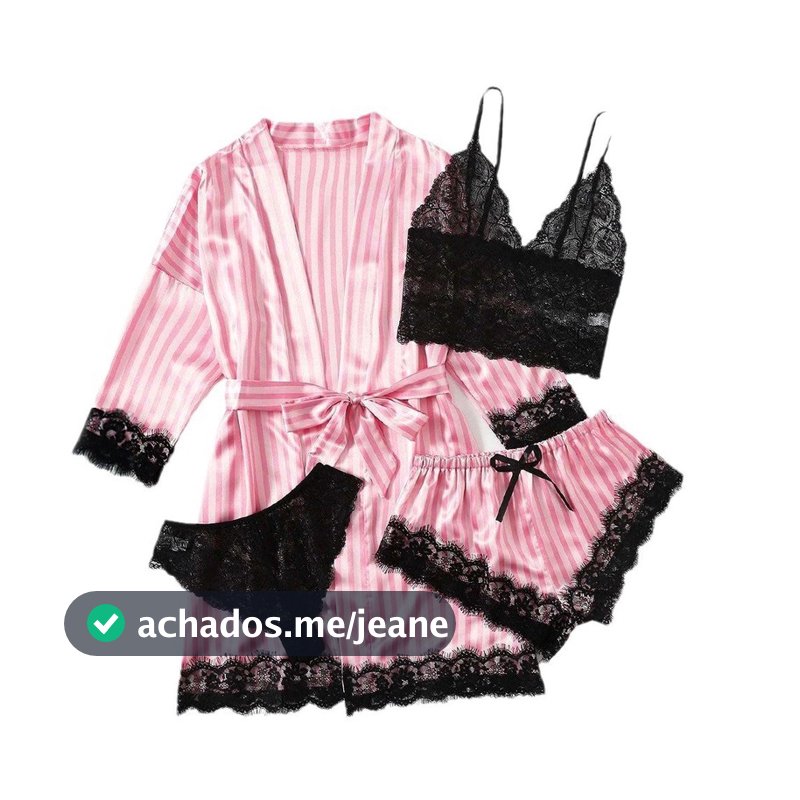 Mulheres Plus Size Sexy moda pijama de seda terno de quatro peças