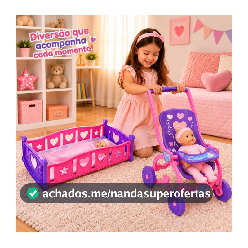Kit Berço e Carrinho de Boneca Infantil Passeio Criança